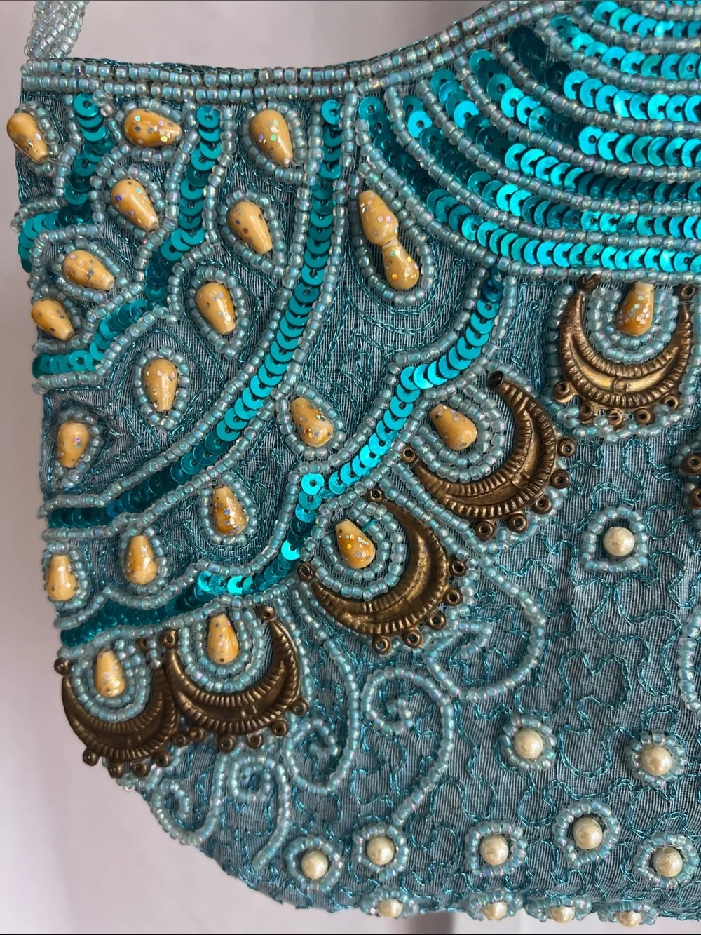 Embellished Vintage Turquoise Sequin Shoulder Bag Peacock Design Beaded Strap